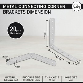 OMIDEAS 20 x Angle Bracket (100 x 100 x 16) 90 Degree L Shape Corner Brace Plate Wood Metal Connecting Fixing Joining Repair Support Galvanised Connector