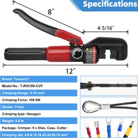 Toscoco Upgraded Hydraulic Crimping Tool and Cable Cutter, Hydraulic Cable Lug Crimper with 9 Dies, Wire Swaging Tool for 1/8" - 3/16" Stainless Steel Cable Railing Kit