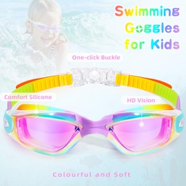 Freela 2 Pack Kids Swim Goggles for 6-14 4-7 3-6 3-5, Toddler Teens Girls Boys Swimming Goggles, Mirrored Lens UV Protection Anti Fog Waterproof No Leak Clear View Water Pool Goggles