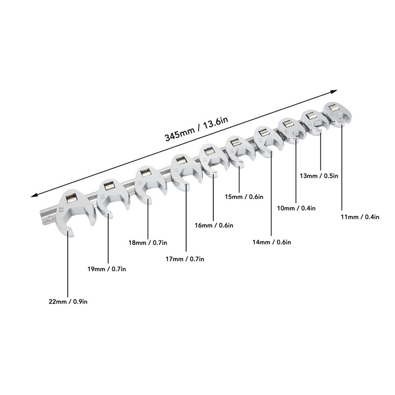 10pcs Crows Foot Wrench Set 10mm to 22mm Sizes Metric