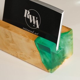 RWA Business Card Holder for Men & Women - Handcrafted Epoxy & Wood, Stylish & Durable Business Card Organizer, Premium Business Card Holders Desk Accessory for Professionals - ELEMENT aqua/maple