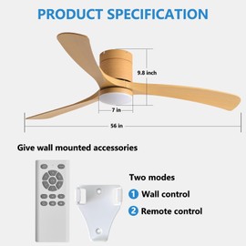 Natural Wind Serise 56 Inch Ceiling Fan with Light and Remote Control,Flush Mount Ceiling Fan 3 Blades Noiseless Reversible DC Motor 6 Speed with Timer 3 CCT for Patios Living Room Bedroom Farmhouses