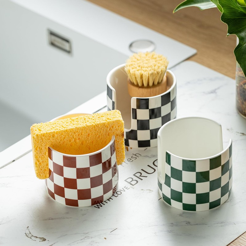 Checkered Sponge Holder for Kitchen Sink, Ceramic Dish Sponge Drying