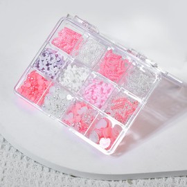 BUNNIEBEAUTY 500pcs 3D Cute Nail charms y2k and Flatback Pearls Set, 12 grids with Pink white heart bow pearl charms, pink white purple bow coquette nail charms and pickup tools for DIY nail designs.