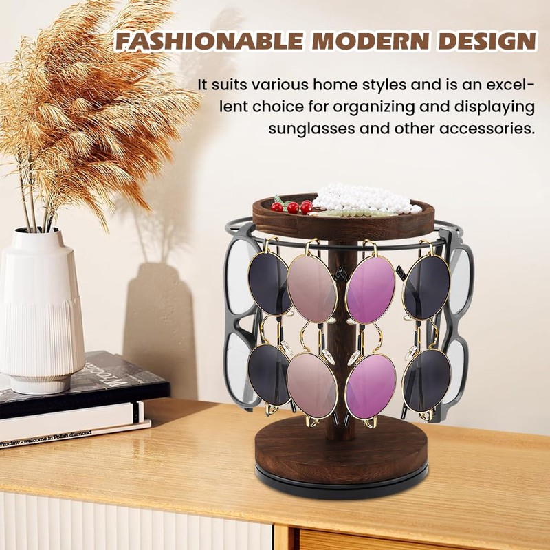 Kazheon 360° Rotating Sunglasses Organizer with Wood Tray and Base,Glasses