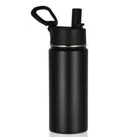 Volhoply Kids Insulated Water Bottle With Straw,16oz Stainless Steel Cold Water Bottles for School,BPA-Free Metal Wide Mouth Cups With Handle Lid,Reusable Double Wall Vacuum Sport Thermos(Black,1)