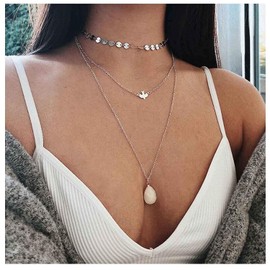 TseenYi Sequin Opal Moonstone Boho Layered Silver Disc Necklaces Bird Pendant Necklace Jewelry for Women and Girls (Silver)