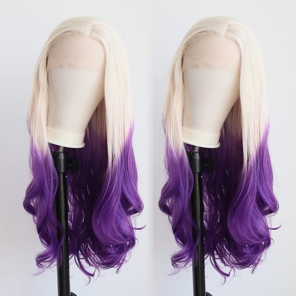 Towarm Long Wavy Platinum Blonde Ombre Purple Synthetic Lace Front Wigs for Black Women Ombre Purple Glueless High Temperature Fiber 13x3inch Natural Hairline Cosplay Daily Wear Wig (Wavy, 60/Purple)