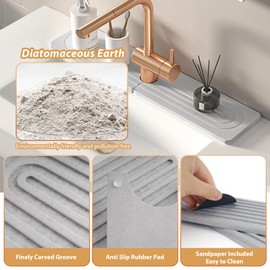 Volminex Kitchen Sink Faucet Mat, Diatomaceous Earth Quick Dry Sink Splashback Drying Mat, Kitchen Faucet Super Absorbent Mat, Quick-Drying Water Absorbing Stone Tray (Light Gray, 23.6" x 3.9")