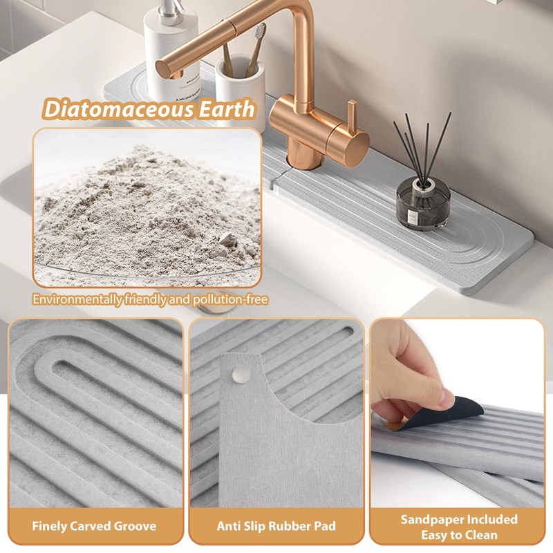 Volminex Kitchen Sink Faucet Mat, Diatomaceous Earth Quick Dry Sink