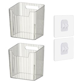 Set of 2 Storage Organizer Bins Wall Mounted Floating Shelves Fridge Organizer Stackable Clear Plastic Storage Bins for Wall, Refrigerator, Kitchen, Bathroom, Countertops, Pantry, BPA Free (Clear)