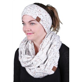 Funky Junque Women's Cable Knit Fuzzy Lined Infinity Scarf and Headband Set Scarfs for Women Bundle - a Confetti Burgundy Design