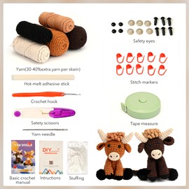Hroevc Highland Cow Crochet Kit for Beginners, Amigurumi Crochet Kit, Gift for Adults and Kids (15+ Years), Easy Knitting Kit for Beginners (Cow)