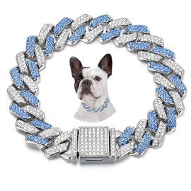 Blue Chain Collar for Dogs, Bling Diamond Cuban Link Dog Collars Glitter Rhinestone Puppy Necklace for Small Medium Large Pet Dogs 14in
