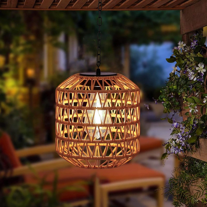 Livinlarge Solar Pendant Light Outdoor,Chandelier Hanging Lantern with Edison Bulb,Boho