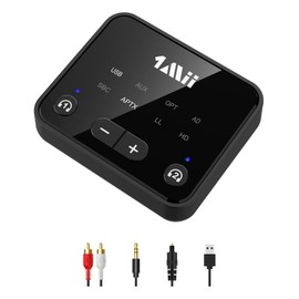 1Mii B06T6 Bluetooth 5.3 Transmitter for TV, aptX Low Latency/HD/Adaptive Wireless Audio Transmitter, Dual Connection for 2 Headphones, 30 m Range, Optical/USB/AUX/RCA Inputs, Volume Control