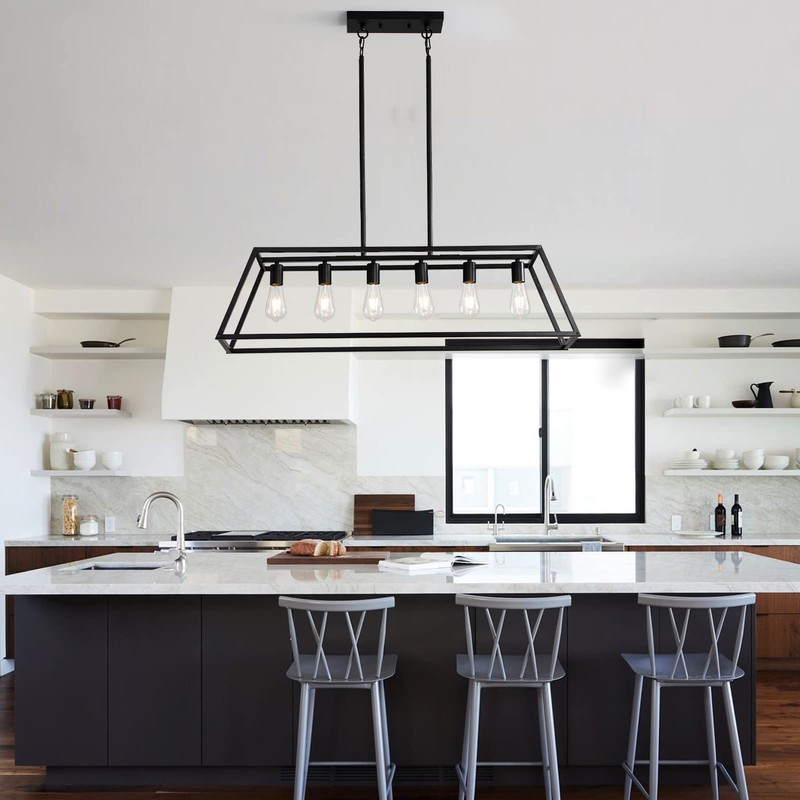 XISLTHOTSL Black Kitchen Island Lighting, 6-Light Farmhouse Chandeliers, Modern Industrial