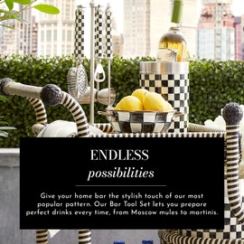 MACKENZIE-CHILDS 3260 Bar-Tool Set, 5-Piece Set with Stainless-Steel Jigger, Strainer, Bottle Opener, Mixing Spoon, Knife, and Stand, Black-and-White Courtly Check