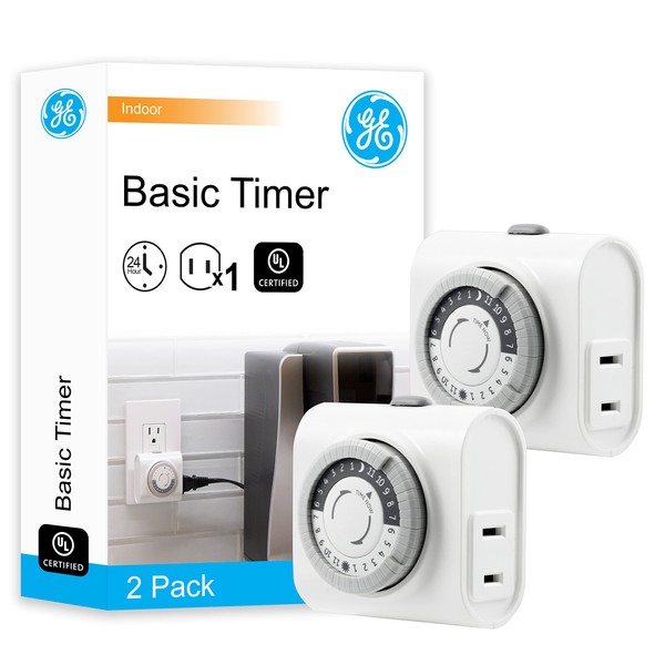 GE 24-Hour Indoor Basic Outlet Timer, 1 Polarized Timer Outlet, Plug In Timer, Daily On/Off Cycle, 30 Minute Interval, for Lamps, Seasonal Appliances, & Portable Fans, Light Timer, 2 Pack, 56177