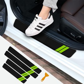 RGOAANC 4Pcs Car Door Sill Protector, Carbon Fiber Anti Kick Pad Sticker, Threshold Cover Strips for Edge/Front and Rear Bumper/Door Sill Protector (Green)