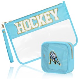 BuyCard 2 Pcs Hockey Gifts Makeup Bag with Chenille Letter Patch, Clear Cosmetic Pouch PVC Organizer Purse, Waterproof Travel Bag, Portable Toiletry Storage Bag for Her Girls Friends Women