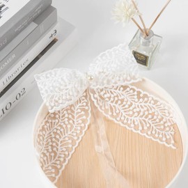 White Curtain Tie Backs - Elegant Lace Bow Curtain Tie Backs, Romantic Floral Bow Decor for Living Room Bedroom, Pearl Lace Snow Organza Holdbacks, White Bowknot Lace Ribbon, Light Beige Home Decor