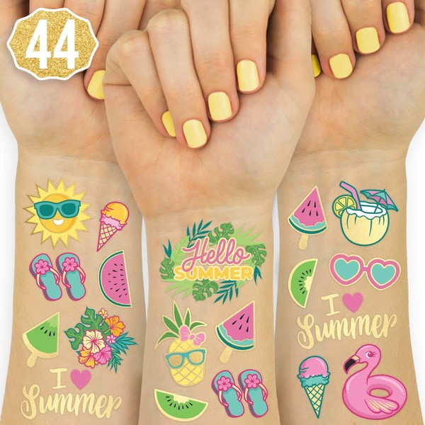 xo, Fetti Summer Pool Party Temporary Tattoos for Kids - Glitter styles | Birthday Party Supplies, Beach Party Favors + Tropical Decor