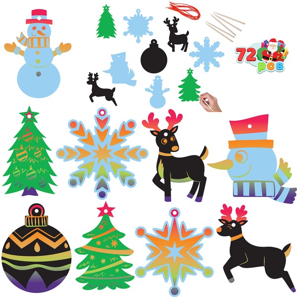 JOYIN Rainbow Color Scratch Christmas Ornaments, 72 Pack Craft Kit