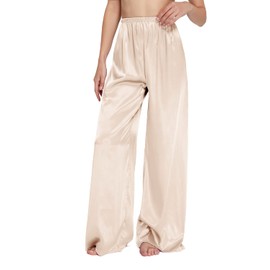 ZEEREE Womens Wide Leg Pajama Pants Satin Silk Long Sleep Trousers Loose Elastic Waist Lounge Pants Pj Bottoms with a Pocket (Champagne, XX-Large)
