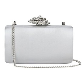Girly Handbags Ladies Satin Clutch Bag with Large Flower Clasp, silver