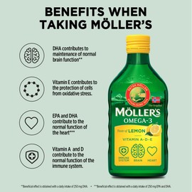 M?LLER'S Mollers ? | Omega 3 Cod Liver Oil | Omega-3 Dietary Supplements with EPA, DHA, Vitamin A, D and E | Superior Taste Award | Pure & Natural cod Liver Oil | Lemon | 250 ml