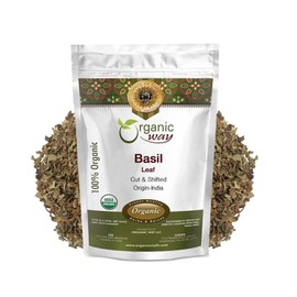 Organic Way Organic Way Basil Leaf Cut and Sifted | Non GMO, Kosher, USDA Certified Organic Basil Leaves | Dried and Ground C Peppery and Aromatic Seasoning for Soups | 100% Raw from India (4 OZ)