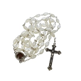 Bethlehem Gifts TM Mother of Pearl Beads Rosary Cross with Mary Medal and Holy Soil from Holy Land