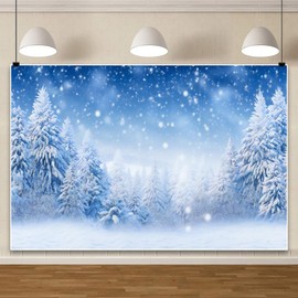 Laeacco 7x5ft Winter Snow Scenery Backdrop Falling Snowflake Wonderland Snow Pine Trees Forest Landscape Photography Background Christmas New Year Family Party Kids Adult Portrait Photo Booth Props