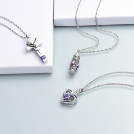 shajwo 3 Pack Urn Necklace for Ashes for Women Gilrs Heart Cross Cylinder Cremation Jewelry for Ashes Memorial Keepsake Birthstone Pendant,Purple