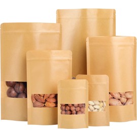 Bolsa Stand Up Pouch Kraft con Ventana De Pie Zipper Cremallera para Comida Termosellable (09x14 cm 50 bolsas) 60g