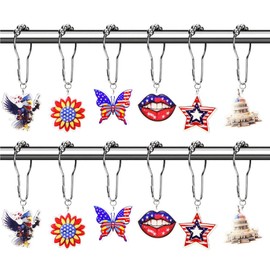 12Pcs 4th of July Shower Curtain Hooks Patriotic Shower Curtain Hooks with Red White Blue Acrylic Pendants Capitol, Eagle, Stars, Sunflower Independence Day Rustproof Bathroom Decor Accessories