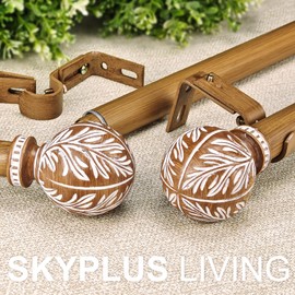 SKYPLUS LIVING Faux Wood Style Curtain Rod Set with Wood Grain Leaf Finial, 36-72 inch, Standard Single Drapery Rod for 1 Pack, 1 inch diameter Rod, Adjustable Length