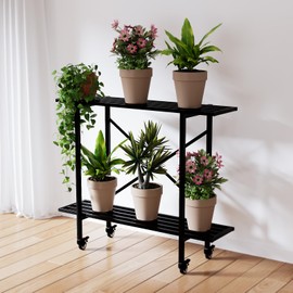 Zhongma 2 Tier Window Height Metal Sturdy Narrow Plant Stand with Wheels, Plant Stand Indoor and Outdoor, L35.43 x W10.3 x H29.9 inch, 440 LBS Capacity & Heavy Duty Construction.