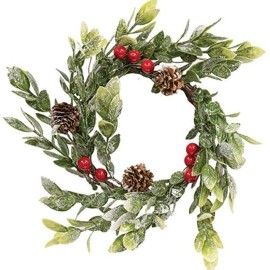Unbranded Snowy Boxwood & Berry Candle Ring / Wreath 4.5" Inner Diameter Christmas