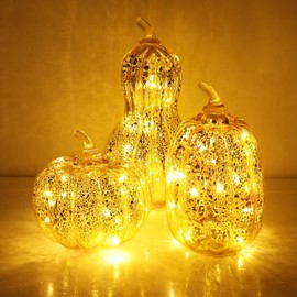 NEEDOMO Lighted Glass Pumpkin Decor, Set of 3 Gold Mercury Glass Pumpkins with Lights and Timer for Fall Thanksgiving Decorations, LED Collectible Figurines Fall Centerpiece for Tables Home