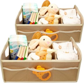 Diaper Caddy Organizer 2 Pack, Nursery Storage Bin& Car Organizer for Diapers& Baby Wipes, Stylish Portable Felt Baby Essentials Organizer, Handle& Removable Dividers, Ideal Baby Shower Gifts- Brown