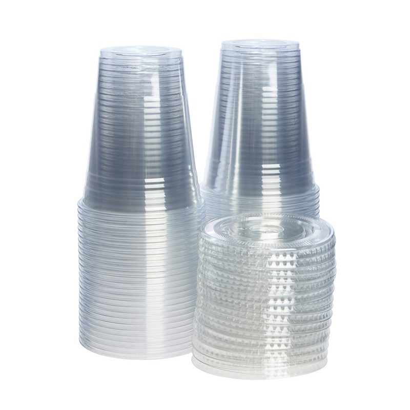 GUSTO Clear Plastic Cups with Flat Lids [16 oz -