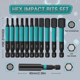 K Kwokker 11-Piece Impact Driver Bit Set Impact Hex Bits 60mm Long, H1.5-H10 Metric Hex Impact Screwdriver Driver Bits,1/4"Hex-Shank S2 Steel Magnetic Bit Set with Storage Box