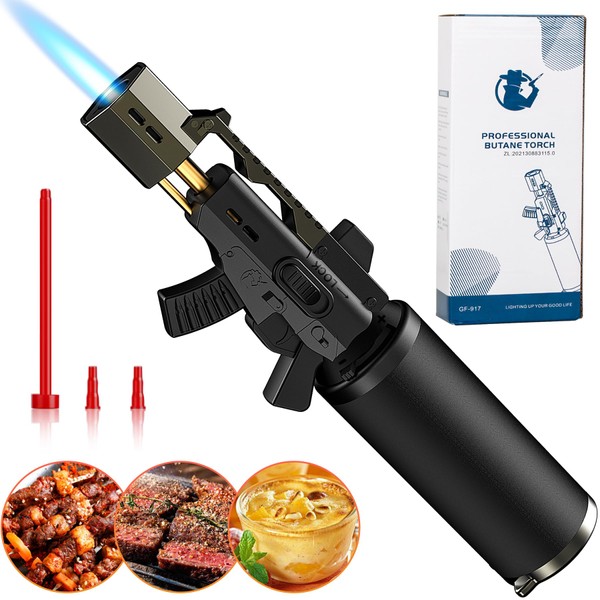 Interesting GUYUWE Kitchen Torch with Continue Lock and Adjustable Flame Burner for Crème Brulee, Barbecue, Camping, DIY (Butane Not Included) (Black)