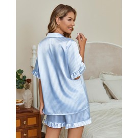 Ekouaer Silk Pajamas for Women 2 Piece Button Down Satin Pjs Shorts Set Ruffle Sleepwear,Blue White Stripes,L