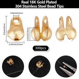 Beebeecraft 1 Box of 300 Bead Clasps, 18 Carat Gold-Plated, 304 Stainless Steel Bead Tips, Knot Covers, Shell End Caps, Crimps Beads for Jewellery Making, DIY Crafts (2.5 mm)