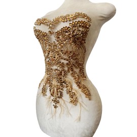 BD.SUN Handmade Red/Blue/Gold/Silver/Clear AB/Black/Orange/Pink Rhinestones lace Bodice Applique Sewing Beads Crystal Trim Ostrich Feather Patches Accessory for Dress Clothes (Champagne)