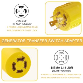 Suplevel 30 Amp to 20 Amp Generator Adapter NEMA L14-30P to L14-20R, 4-Prong 30Amp 125/250Volts Generator Locking Male Plug to 4-Prong 20Amp 125/250Volts Generator Locking Female Connector Adapter