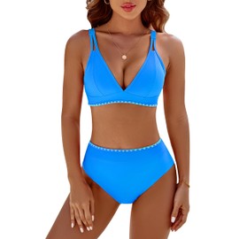 BMJL Women's Bikini Sets V Neck High Waisted Swimsuit Shell Stitched Cheeky Two Piece Bathing Suits(M,Blue)